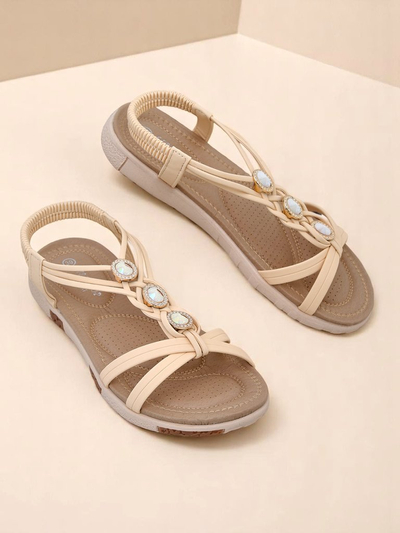 Sandales pour femmes Royalfashion Bellona beiges avec strass sur plateforme