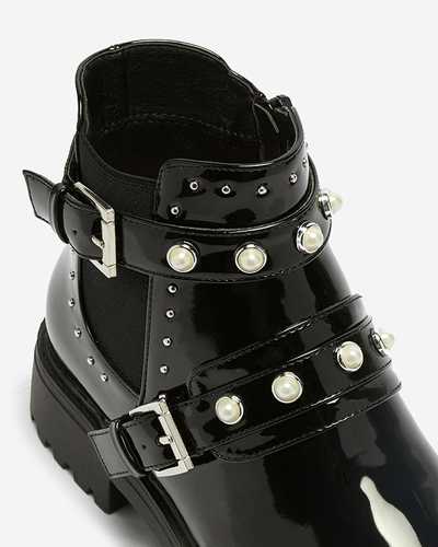 Boots femme laquées noires avec perles Visos - Footwear