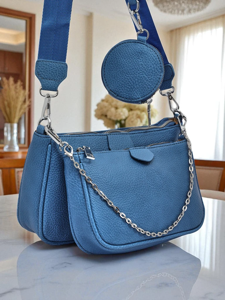 Sac à main multifonctionnel pour femmes Kallisté en cuir écologique bleu, 3 en 1, style italien