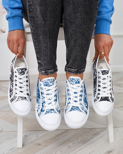 Tennis pour femmes noires et blanches avec imprimé Denoll- Footwear