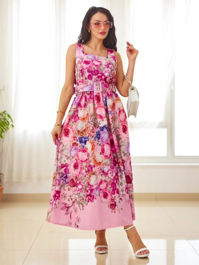 Robe midi femme Royalfashion avec bretelles, dotée d'une ceinture aux divers motifs floraux