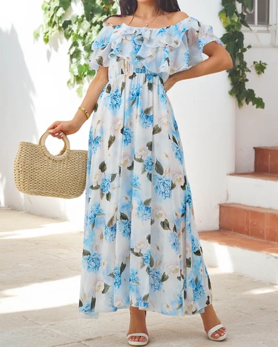Robe off-the-shoulder pour femmes avec manches courtes en divers motifs floraux