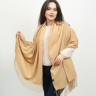 Grande écharpe chaude avec pompons de couleur camel - Accessoires