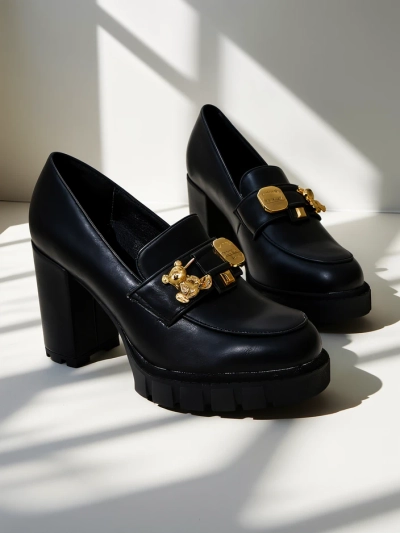 Sandales pour Femmes Athènes à Talons Blocs en Cuir Écologique de Couleur Noire