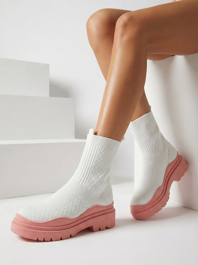 Bottines pour femmes blanches et roses à talon plat Seritis - Footwear