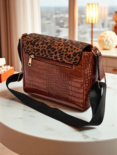 Sac Ariadne Camel Croco avec Rabat Panthère – Élégant Sac Bandoulière