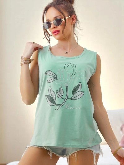 Royalfashion Débardeur Femme en Coton avec Strass FLEURS