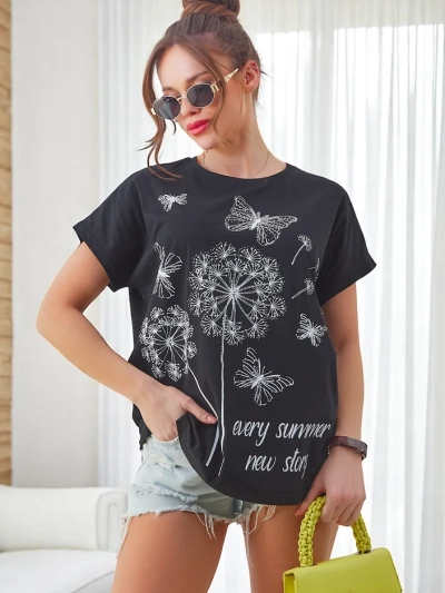 T-shirt en coton pour femmes Royalfashion avec des pissenlits et un papillon