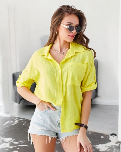 Chemise en coton pour femmes Royalfashion avec embossage et décolleté en V avec des manches 3/4