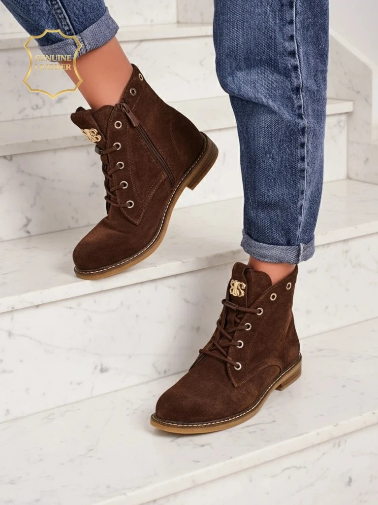 Bottines pour femmes Aurelia Romano en daim naturel - marron, avec fourrure