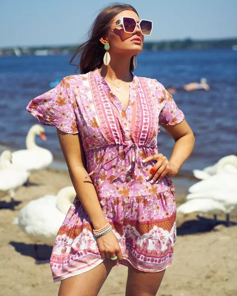 Royalfashion Robe courte pour femme rose été