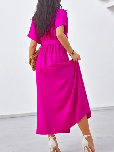 Robe midi pour femmes Royalfashion avec manches courtes, décolleté en V et une fente centrale