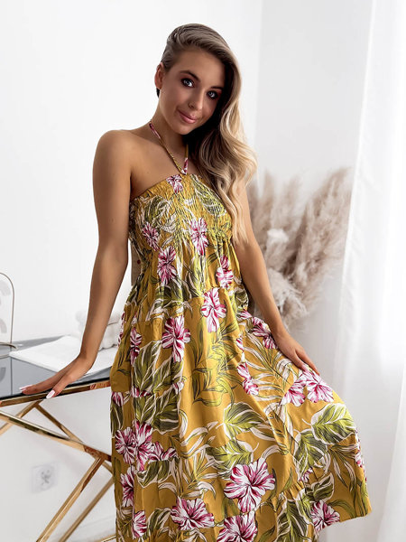 Robe midi jaune pour femme avec motif floral - Vêtements