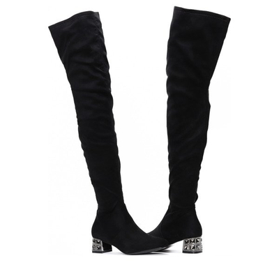 Czarne, długie kozaki ze zdobionym obcasem Back Again- Obuwie