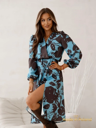 Robe Afrodyta Blu Oceano – midi bleue, manches longues, style classique