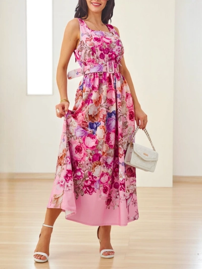 Robe midi femme Royalfashion avec bretelles, dotée d'une ceinture aux divers motifs floraux