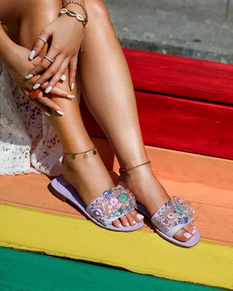 Royalfashion Tongs femme violet avec cristaux colorés Bling Breeze