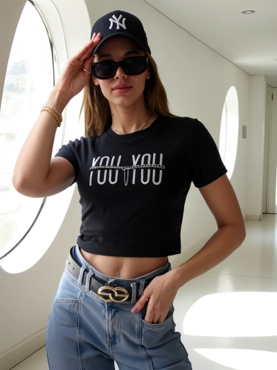 Royalfashion Haut court en coton pour femmes avec l'inscription