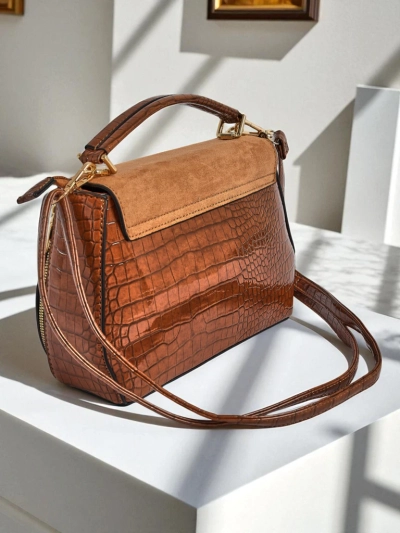 Sac à main pour femmes Callisto en cuir écologique suédé et crocodile marron foncé