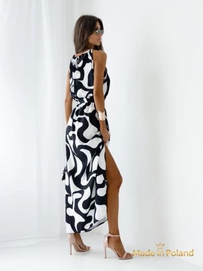 Royalfashion Robe midi femme à bretelles, avec ceinture et motif géométrique