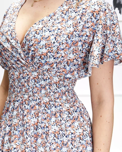 Robe midi à fleurs pour femme en bleu et orange - Vêtements