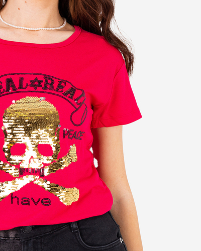 T-shirt femme fuchsia à sequins avec inscriptions - Vêtements