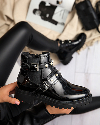 Boots femme laquées noires avec perles Visos - Footwear