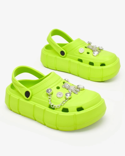 Royalfashion Tongs ajourées vert fluo pour femmes avec ornements en zirconium Afuccia