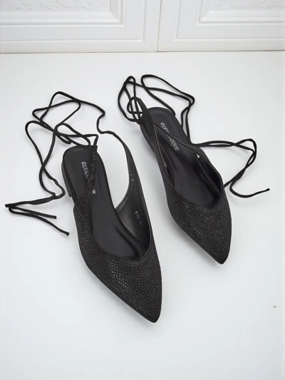 Sandales Damiane Nero - Ballerines noires à lacets en tissu, talon plat