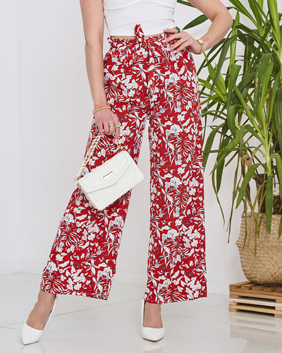 Pantalon palazzo rouge à fleurs blanches pour femme - Vêtements