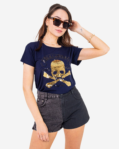 T-shirt femme bleu marine avec sequins et inscriptions - Vêtements