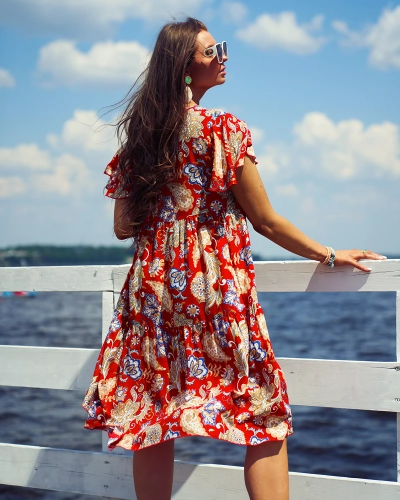 Royalfashion Robe rouge pour femme avec motif floral coloré