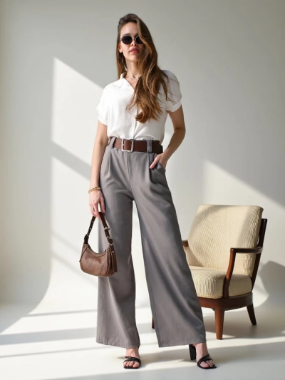 Royalfashion Pantalons larges pour femmes avec ceinture