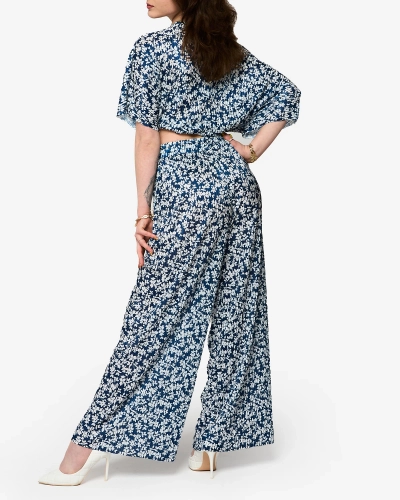 Ensemble plissé bleu marine à fleurs noires pour femme - Vêtements