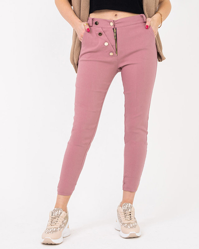 Pantalon femme en tissu rose avec boutons décoratifs - Vêtements