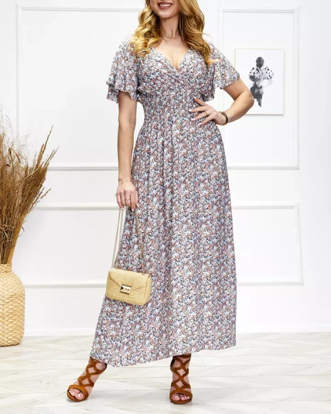 Robe midi à fleurs pour femme en bleu et orange - Vêtements