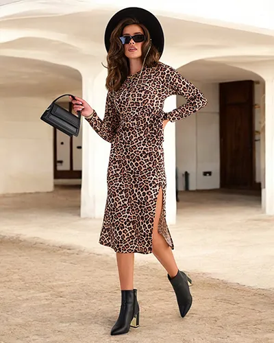Royalfashion Robe midi pour femme en imprimé léopard
