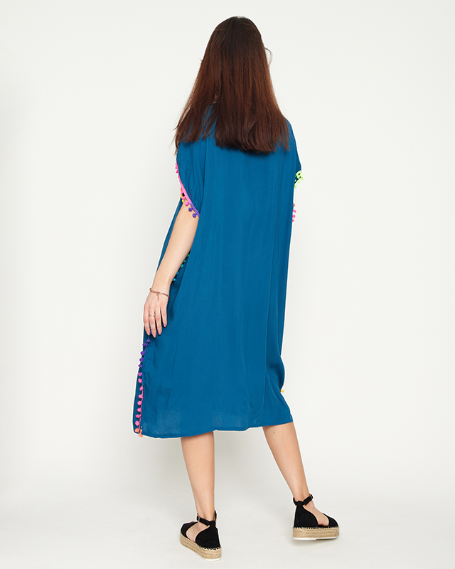 Tunique de plage été femme turquoise à pompons - Vêtement