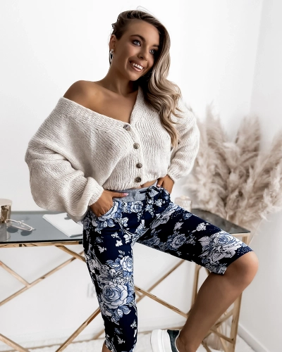 Short femme 3/4 bleu marine et bleu à motif fleuri GRANDE TAILLE - Vêtements