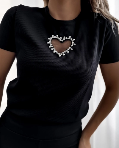 Royalfashion Ensemble de sport pour femme noir avec cœurs