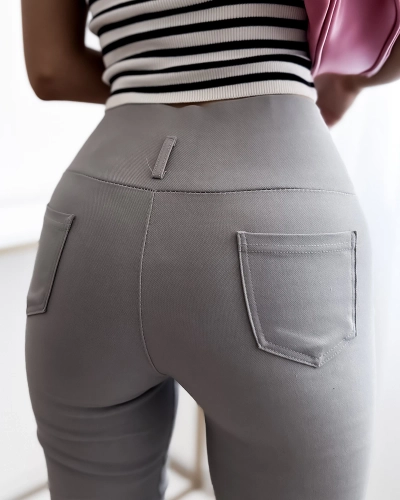 Royalfashion Pantalon tube pour femme gris avec boutons dorés