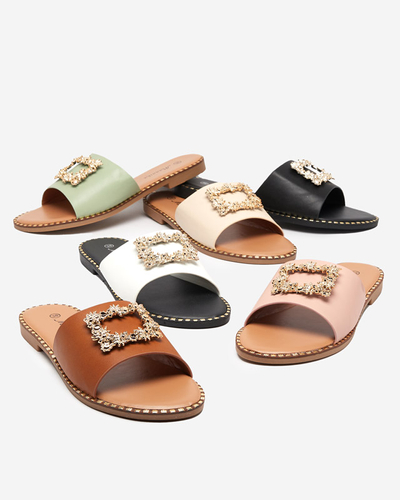 Pantoufles élégantes vertes pour femmes avec ornement doré Meriso - Footwear