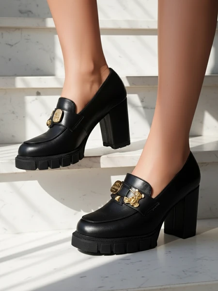 Sandales pour Femmes Athènes à Talons Blocs en Cuir Écologique de Couleur Noire