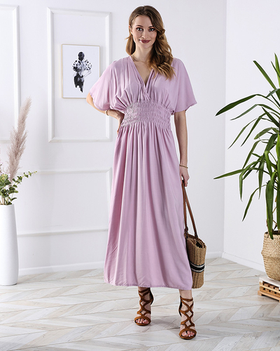 Robe longue rose pour femme avec encolure enveloppe - Vêtements