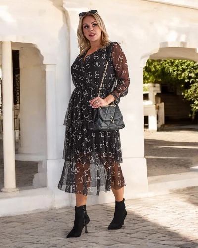 Royalfashion Robe midi en maille noire avec imprimé