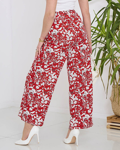 Pantalon palazzo rouge à fleurs blanches pour femme - Vêtements