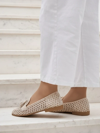 Mocassins beiges Royalfashion Primavera Aelia en tissu avec bout en amande