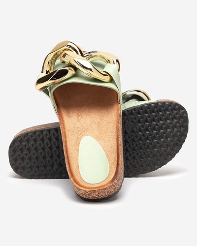 Sandales pour femmes Thalia Royalfashion vertes avec chaîne sur semelle plate