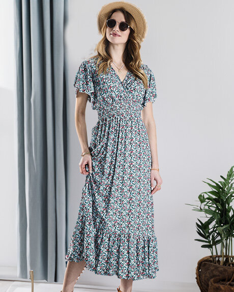 Robe midi fleurie pour femme en bleu- Vêtements