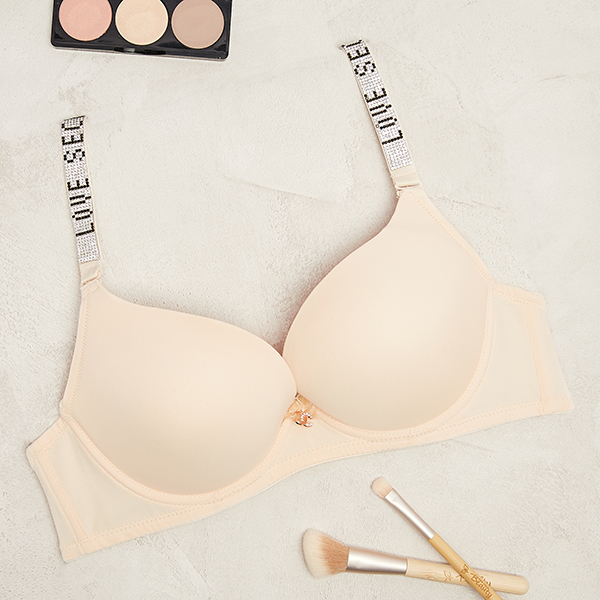 Soutien-gorge rembourré uni beige avec bretelles décorées - Sous-vêtements